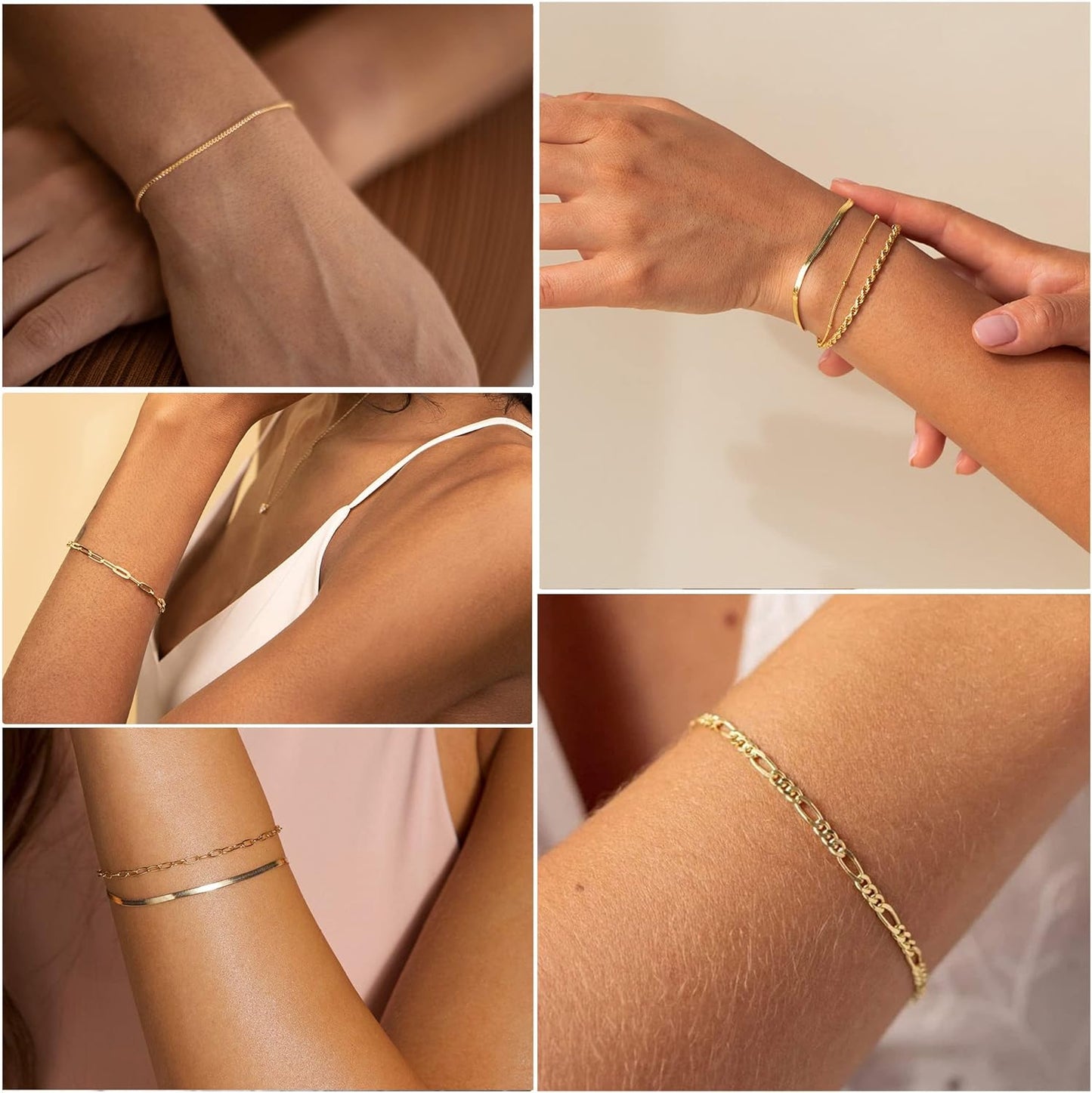 Gold Bracelets for Women Waterproof, 14K Real Gold Jewelry Sets Trendy Thin Dainty Stackable Cuban Link Paperclip Chain Bracelet Pack Fashion Accessories Gifts for Womens