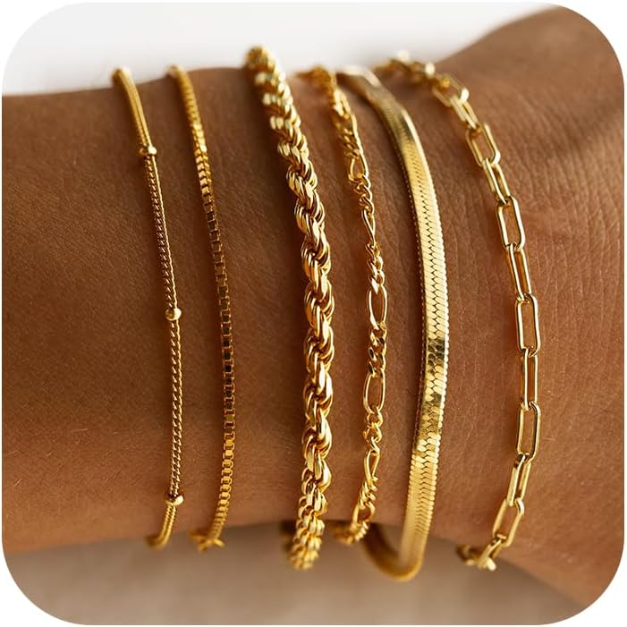 Gold Bracelets for Women Waterproof, 14K Real Gold Jewelry Sets Trendy Thin Dainty Stackable Cuban Link Paperclip Chain Bracelet Pack Fashion Accessories Gifts for Womens
