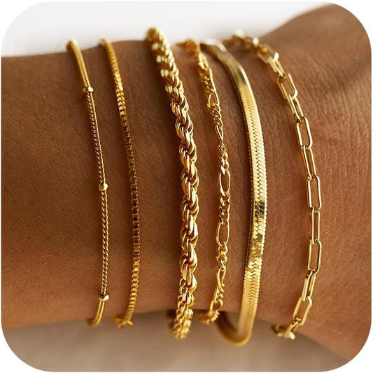 Gold Bracelets for Women Waterproof, 14K Real Gold Jewelry Sets Trendy Thin Dainty Stackable Cuban Link Paperclip Chain Bracelet Pack Fashion Accessories Gifts for Womens