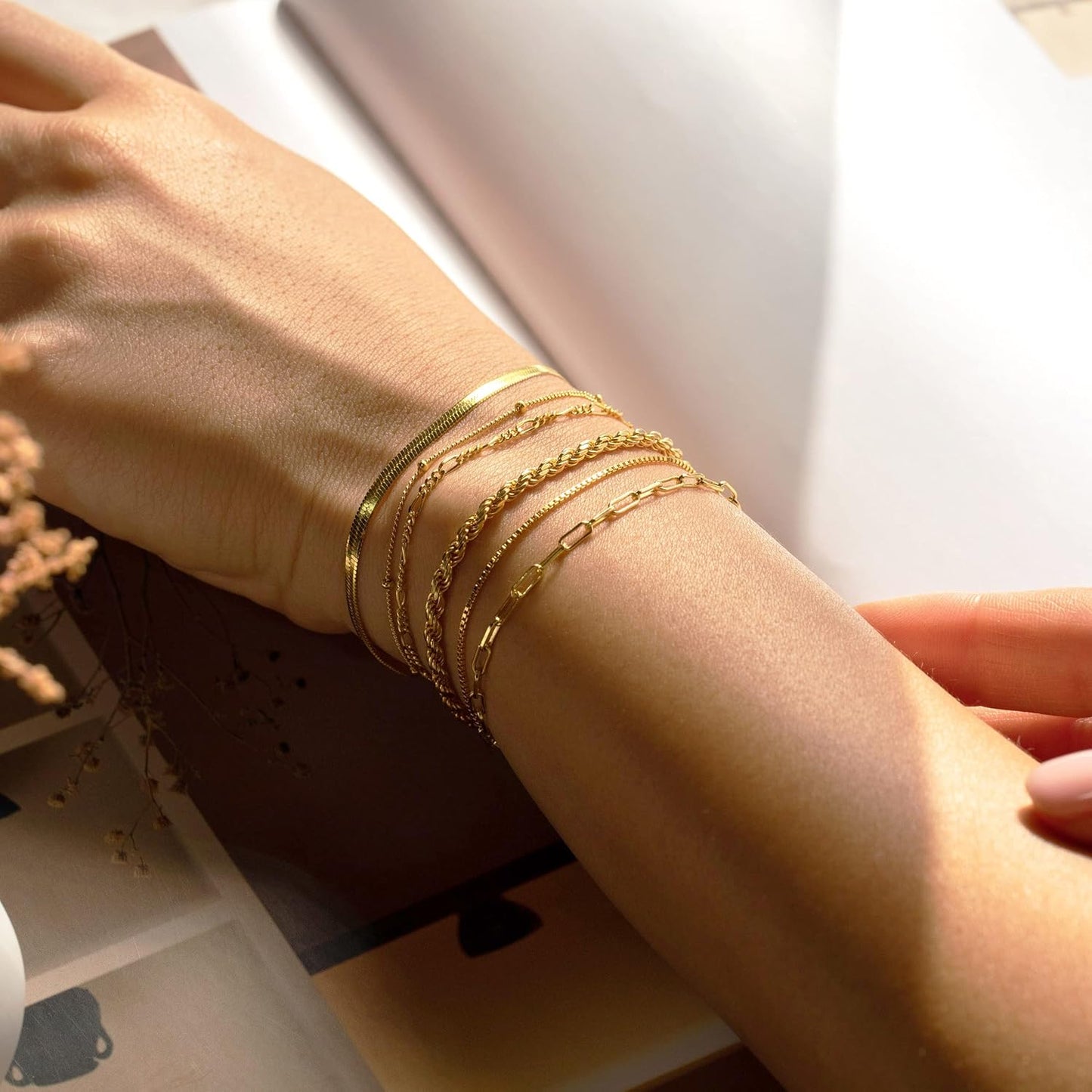 Gold Bracelets for Women Waterproof, 14K Real Gold Jewelry Sets Trendy Thin Dainty Stackable Cuban Link Paperclip Chain Bracelet Pack Fashion Accessories Gifts for Womens