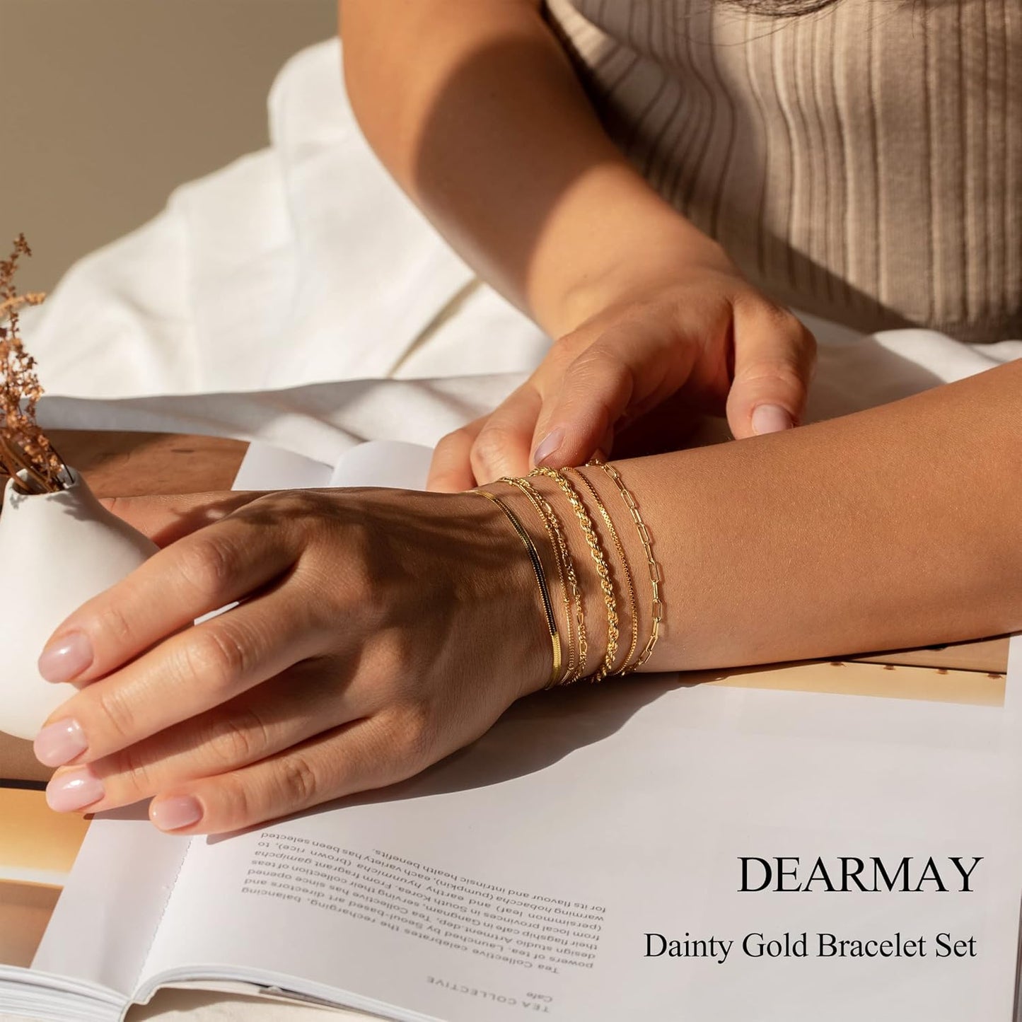 Gold Bracelets for Women Waterproof, 14K Real Gold Jewelry Sets Trendy Thin Dainty Stackable Cuban Link Paperclip Chain Bracelet Pack Fashion Accessories Gifts for Womens