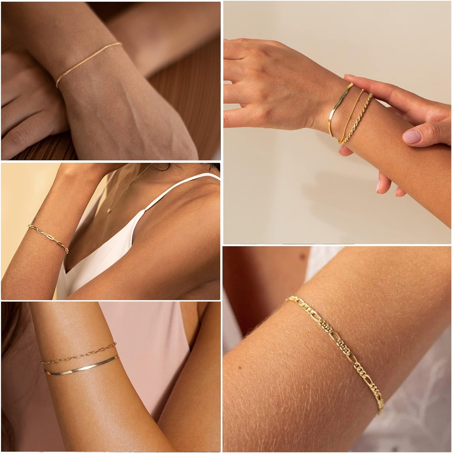 Gold Bracelets for Women Waterproof, 14K Real Gold Jewelry Sets Trendy Thin Dainty Stackable Cuban Link Paperclip Chain Bracelet Pack Fashion Accessories Gifts for Womens